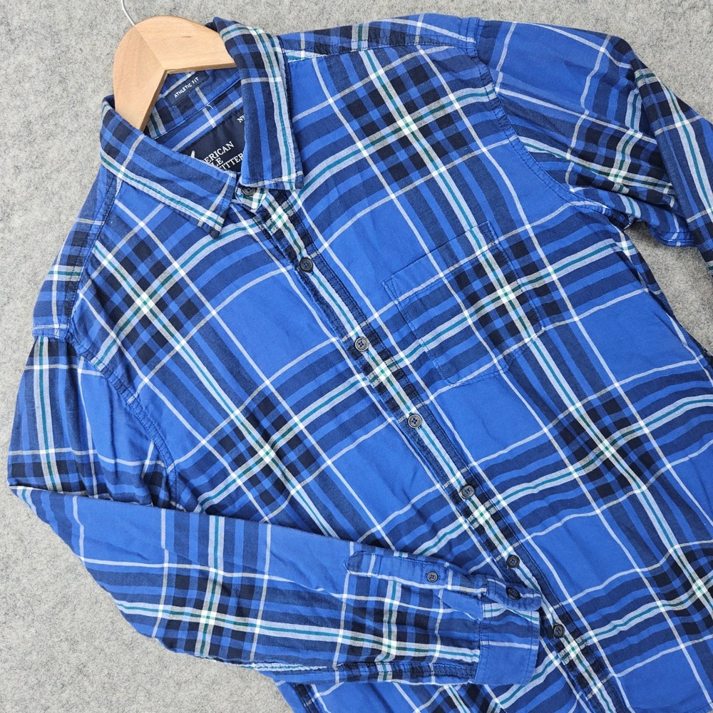 American Eagle Button Up Men's Lined Blue L Athletic Fit Plaid Long Sleeve Shirt